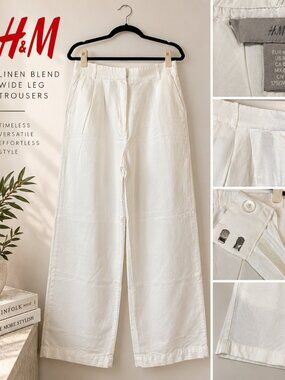 H&M White Linen Blend Wide Leg Pants Size 8